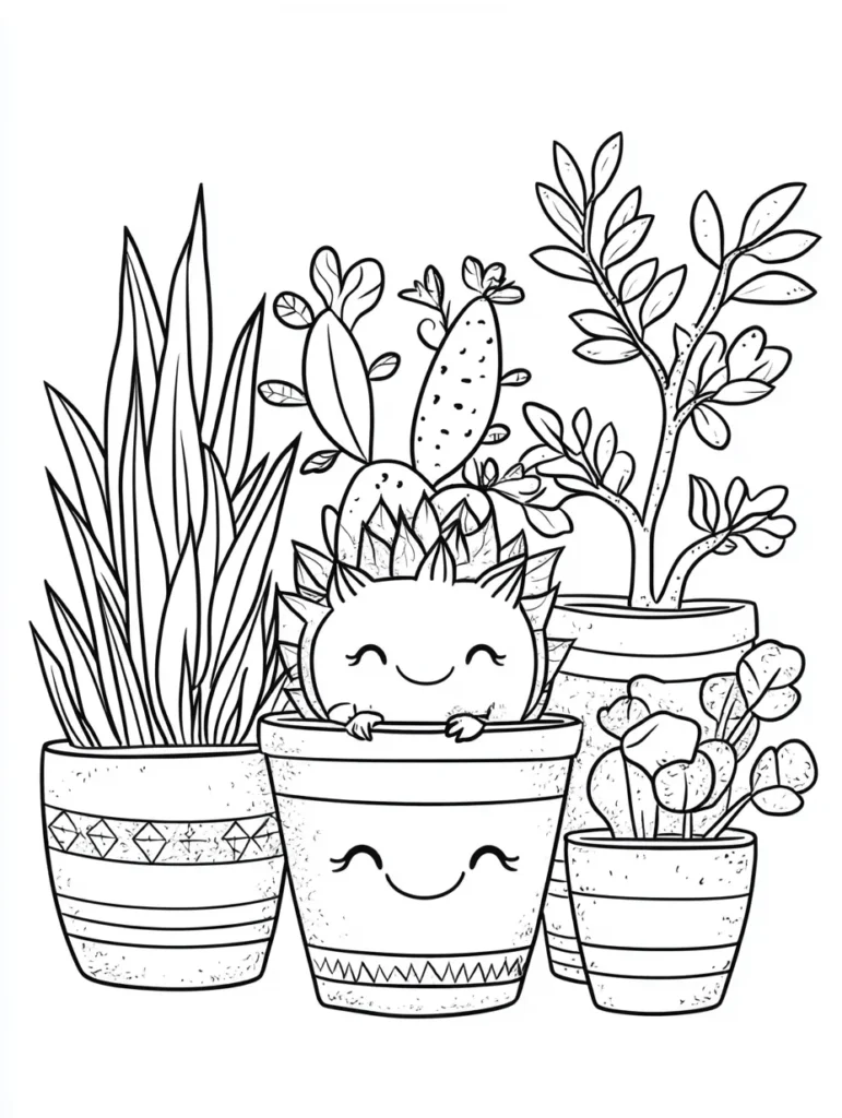 coloriage cute avec une scène de pots de fleurs anthropomorphiques