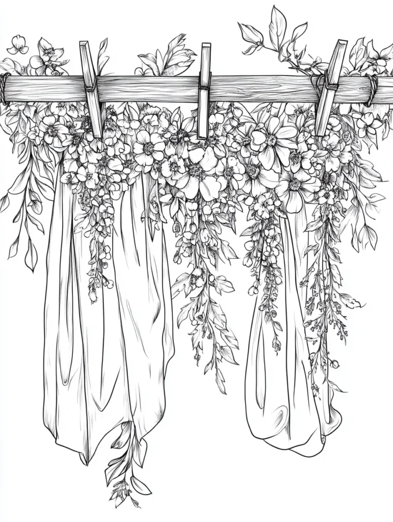 Coloriage pour adultes représentant une étagère avec des tissus et des fleurs entrelacées, en style noir et blanc.