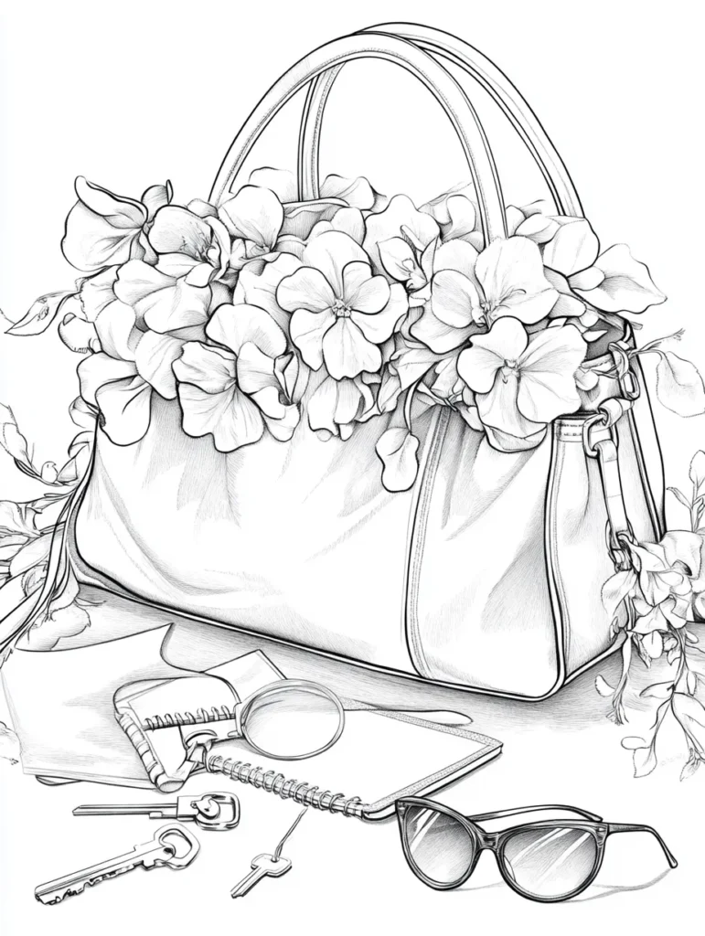 Coloriage pour adultes représentant un sac à main orné de fleurs, dont les pensées débordent, avec des objets comme un carnet, des clés et des lunettes de soleil autour.