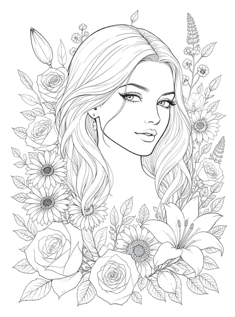 Coloriage représentant une femme au visage angélique entourée de fleurs variées, incluant roses, tournesols et lys, offrant de nombreuses possibilités de colorisation.