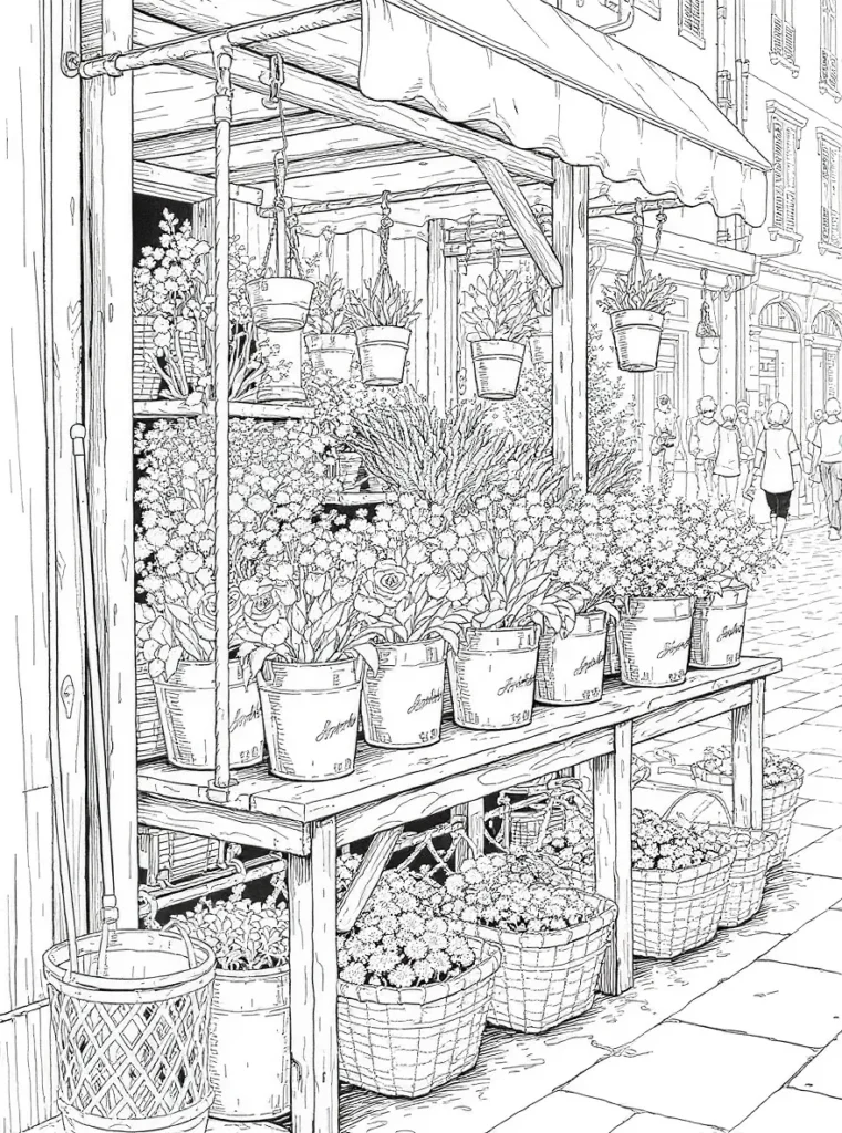 Coloriage représentant une scène de marché avec des fleurs variées.