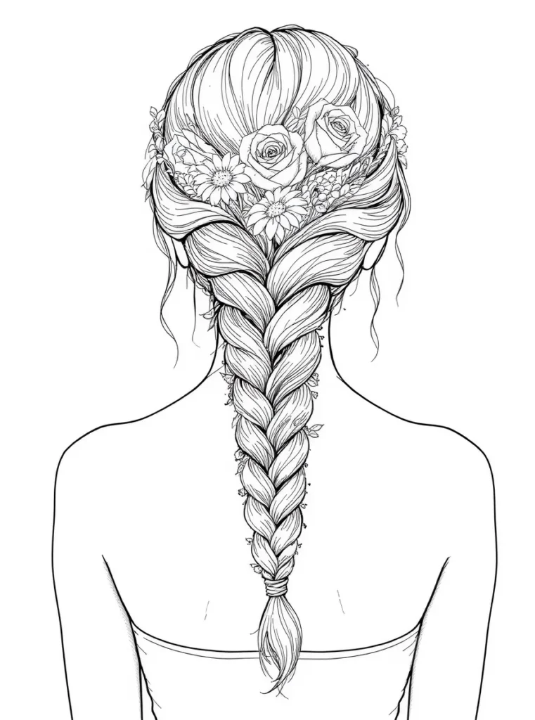 Coloriage d'une femme de dos avec une tresse ornée de fleurs.