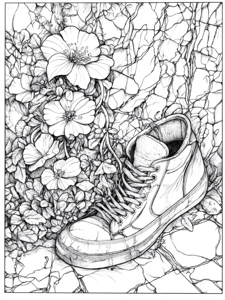 Dessin représentant une chaussure de sport usée entourée de fleurs détaillées et de végétation luxuriante, sur un sol craquelé.