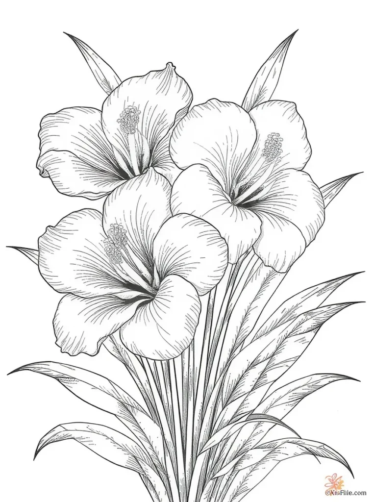 Coloriage de bouquet de fleurs avec des pétales arrondis et des feuilles détaillées.