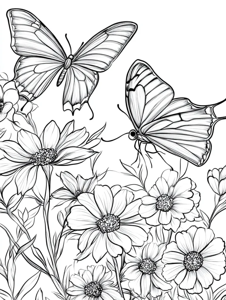 Coloriage représentant des fleurs et des papillons pour les adultes, avec des détails fins et une composition harmonieuse.