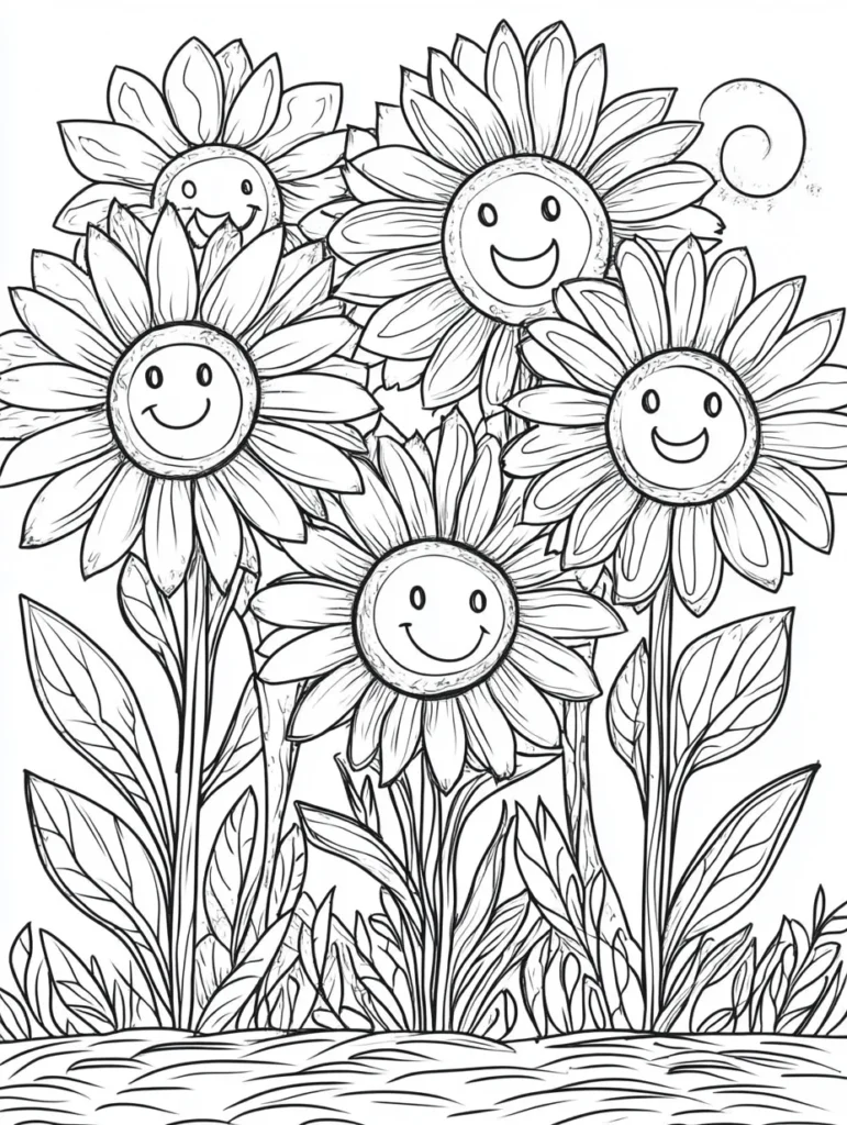 Coloriage de fleurs souriantes en noir et blanc, prêtes à être colorées.