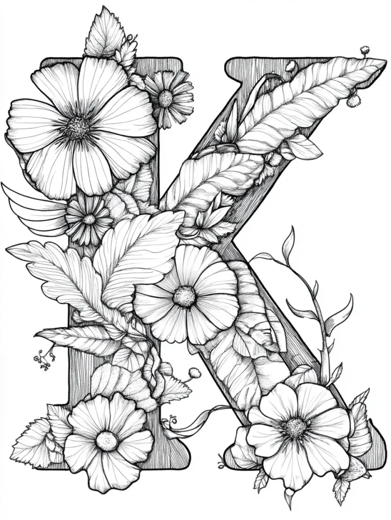 Coloriage représentant un grand K stylisé entouré de fleurs variées et de feuilles. Détails fins et élégants.