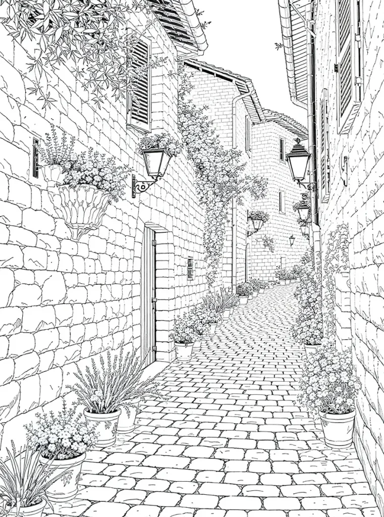 Coloriage représentant un chemin bordé de murs en pierre avec des pots de fleurs en terre cuite et des plantes variées.