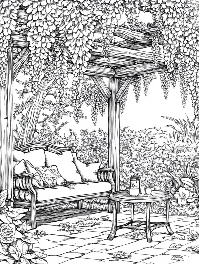Coloriage d'un jardin intérieur avec une fontaine et des fleurs variées.