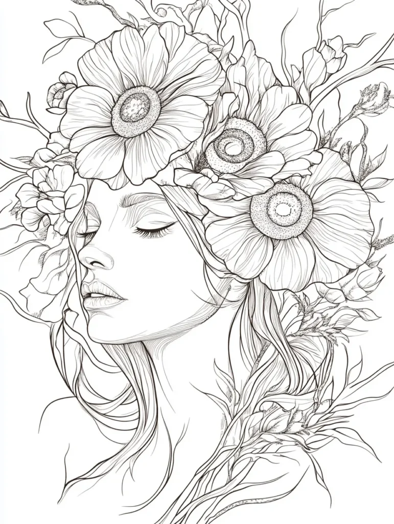 Coloriage d'une femme avec une couronne florale, entourée de fleurs et de feuillage délicat, idéal pour les adultes.