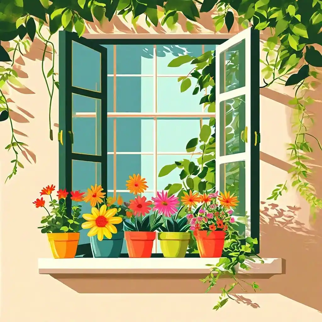 Une fenêtre ouverte avec des pots de fleurs colorées sur le rebord, laissant entrer une douce brise.