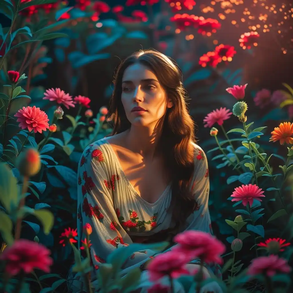 Une femme au visage angélique, assise dans un jardin luxuriant avec des fleurs éclatantes autour d'elle, baignée par la lumière du soleil.