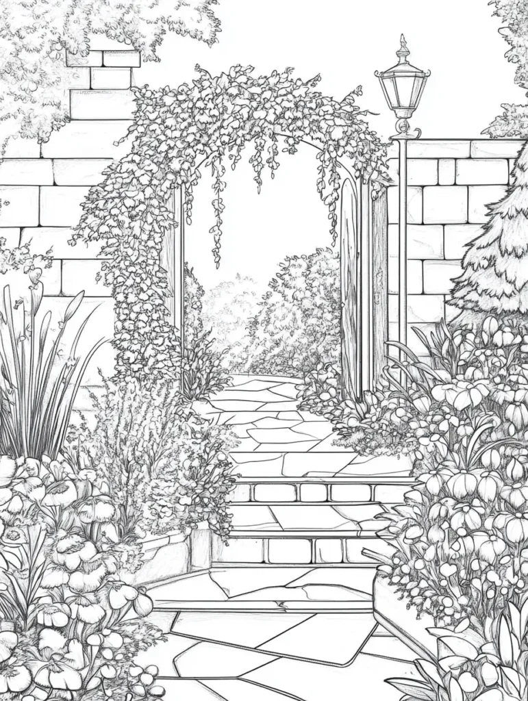 Coloriage illustrant un jardin accueillant avec une allée de pierres, des fleurs épanouies, une porte ouverte et des arbres en arrière-plan, idéal pour les adultes.