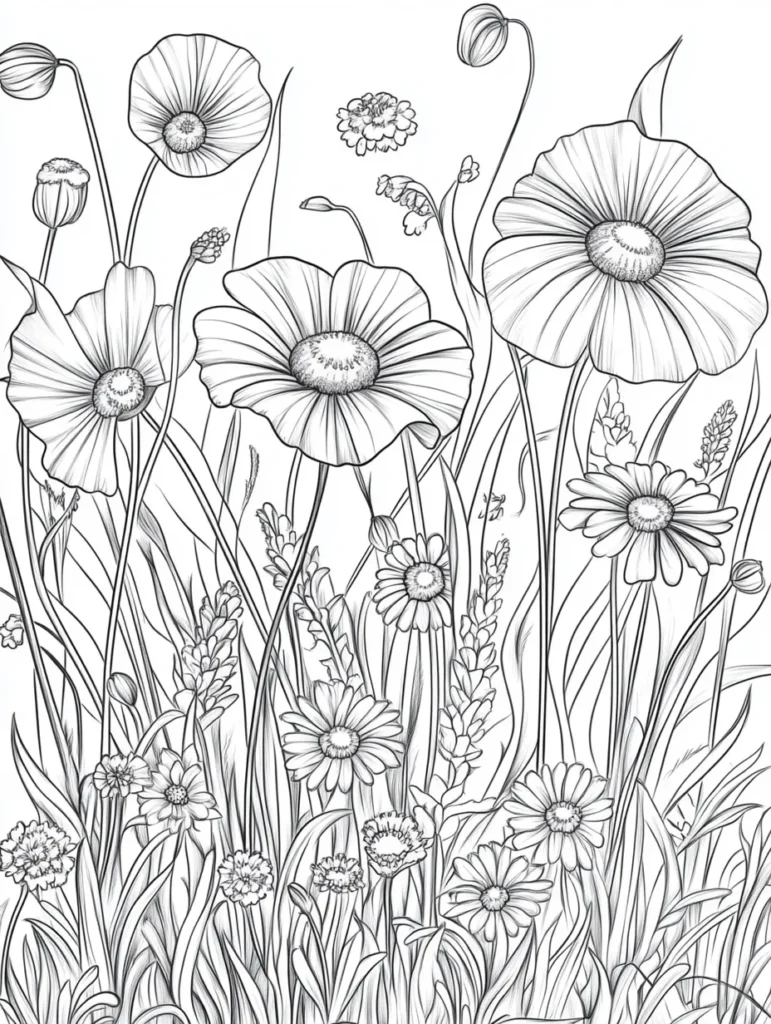 Coloriage représentant un jardin sauvage rempli de grandes fleurs, coquelicots, marguerites et œillets, avec des détails fins pour le coloriage.