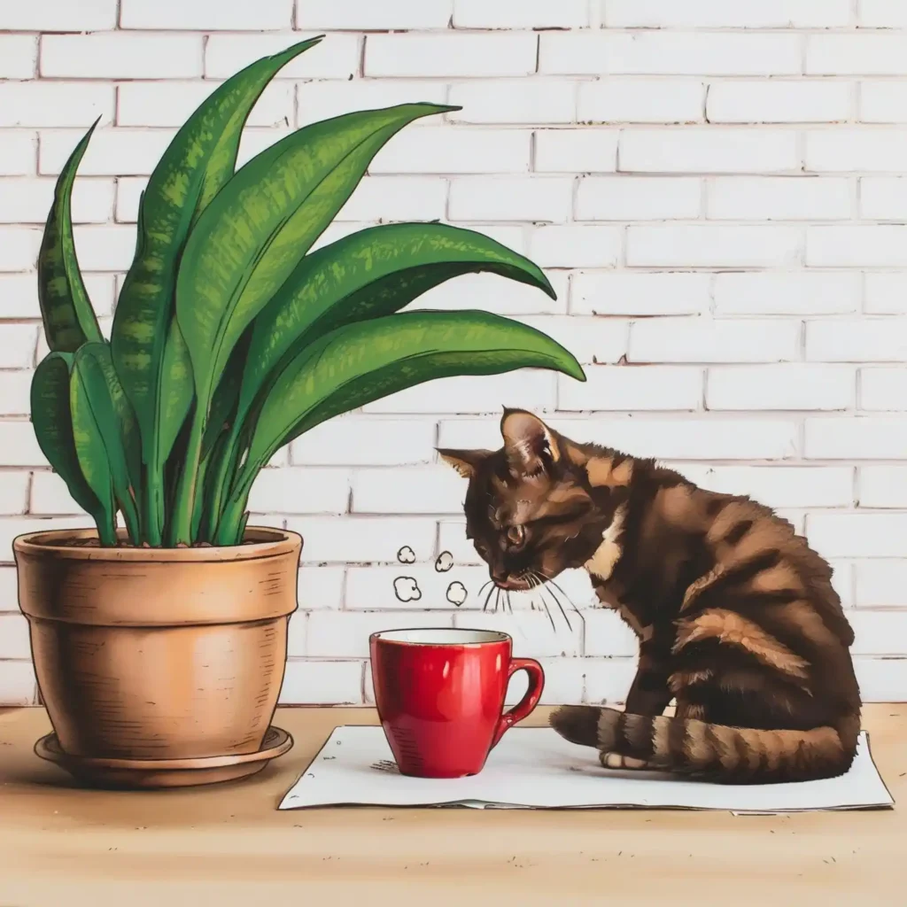 Un coin cosy près d'une fenêtre, avec un adorable chat kawaii et une tasse rouge brique sur un rebord en bois.