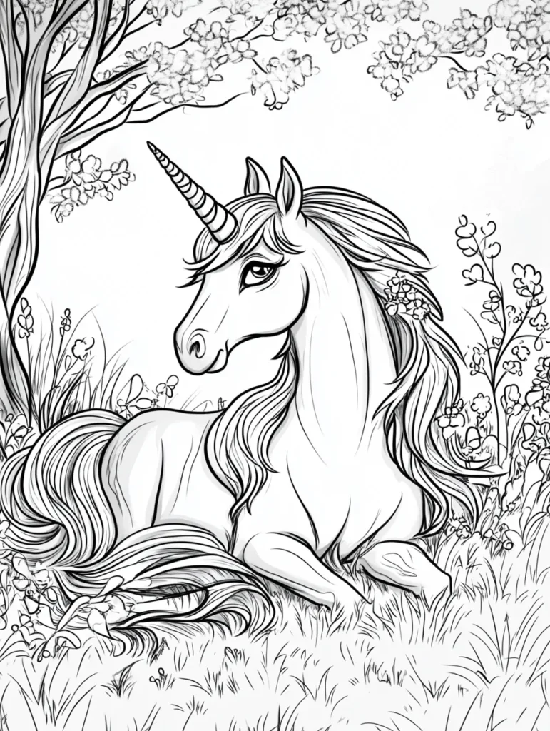 Coloriage d'une licorne douce et majestueuse dans la nature.