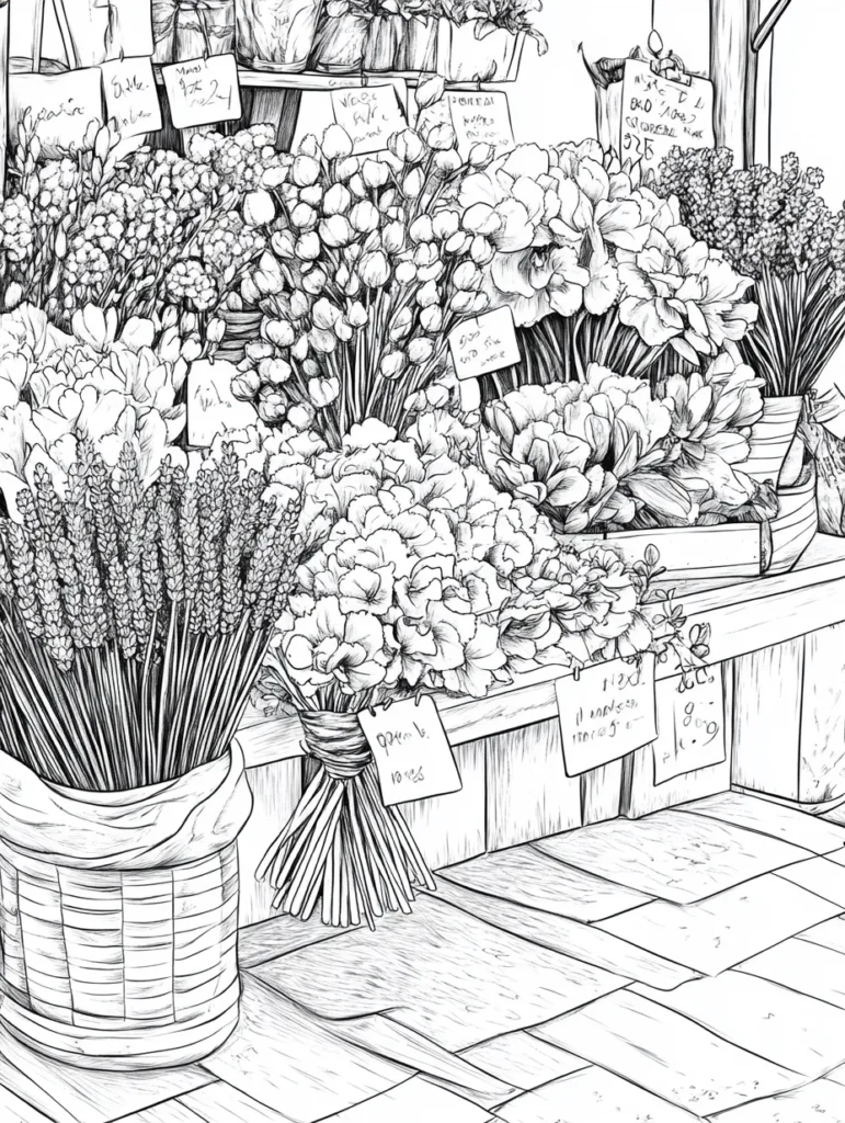 Coloriage de fleurs au marché, avec des bouquets de lavandes, pivoines et dahlias sur une table en bois, dans une ambiance rustique.