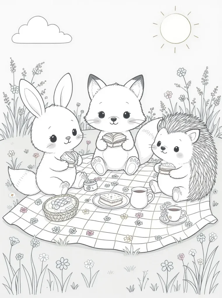 Coloriage d'un pique-nique avec un renard, un lapin et un hérisson, créant une ambiance amicale et printanière.