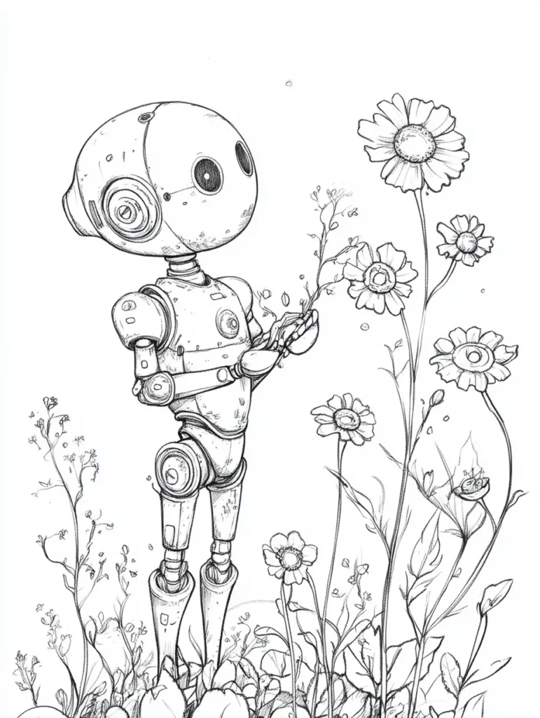 Coloriage d'un robot humanoïde admirant des fleurs dans un champ, avec un style à la fois enfantin et détaillé.