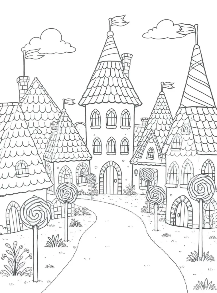 Coloriage d'un village féerique avec plusieurs maisons aux styles variés, ornées de fenêtres en arc et des toits aux tuiles en vagues, avec des arbres portant des bonbons en spirale.