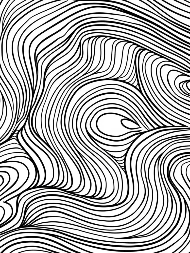Un coloriage anti stress adulte avec un motif abstrait de lignes courbes et fluides.