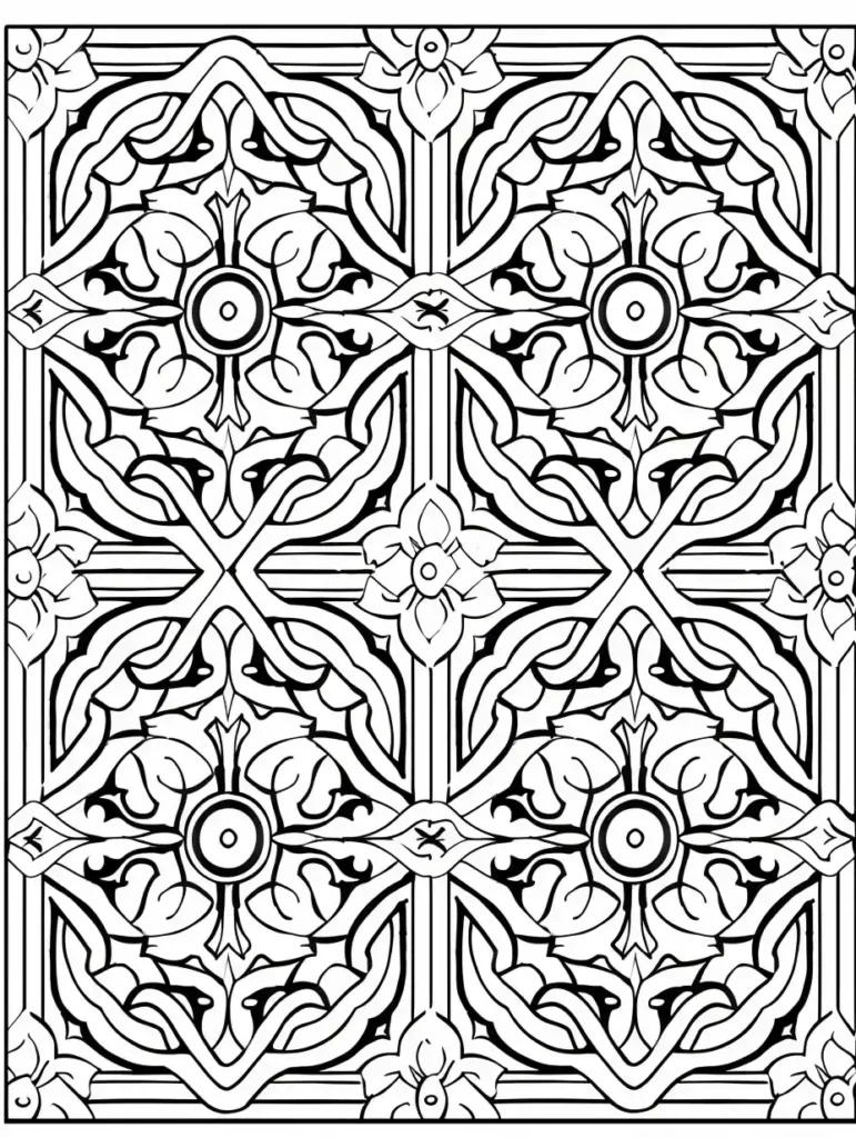 Coloriage anti stress adulte avec motifs géométriques et floraux, idéal pour la relaxation et la créativité.