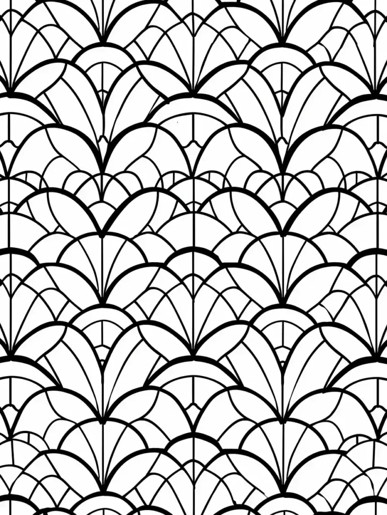 Motif complexe de feuilles stylisées pour un coloriage anti stress adulte, avec un design fluide et élégant.