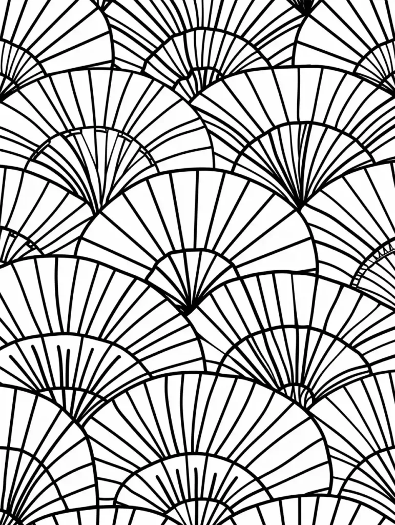 Un motif en éventail avec des contours noirs et des segments courbés, parfait pour le coloriage anti stress adulte.