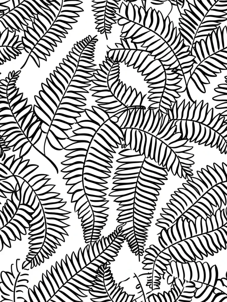Motif en noir de feuilles de fougère à colorier, avec des formes et tailles variées, évoquant un environnement naturel.