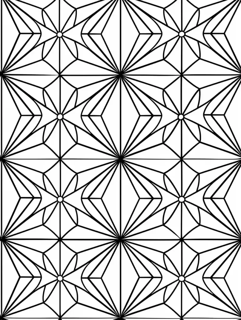 Coloriage en noir et blanc de motifs géométriques interconnectés, comprenant des étoiles dans un design symétrique.