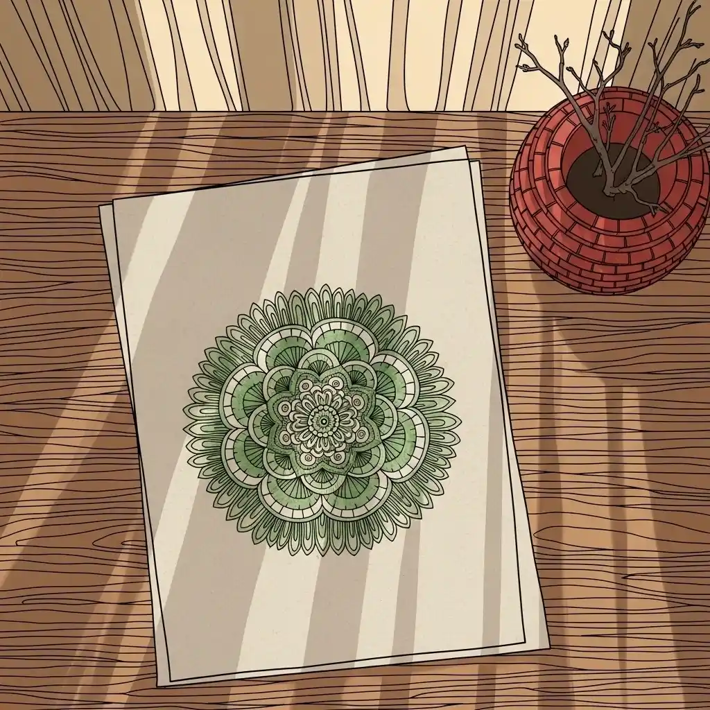 Un bureau en bois clair avec un dessin mandala vert mousse sur papier beige, un pot rouge brique avec des branches sèches, sous une lumière naturelle tamisée  
