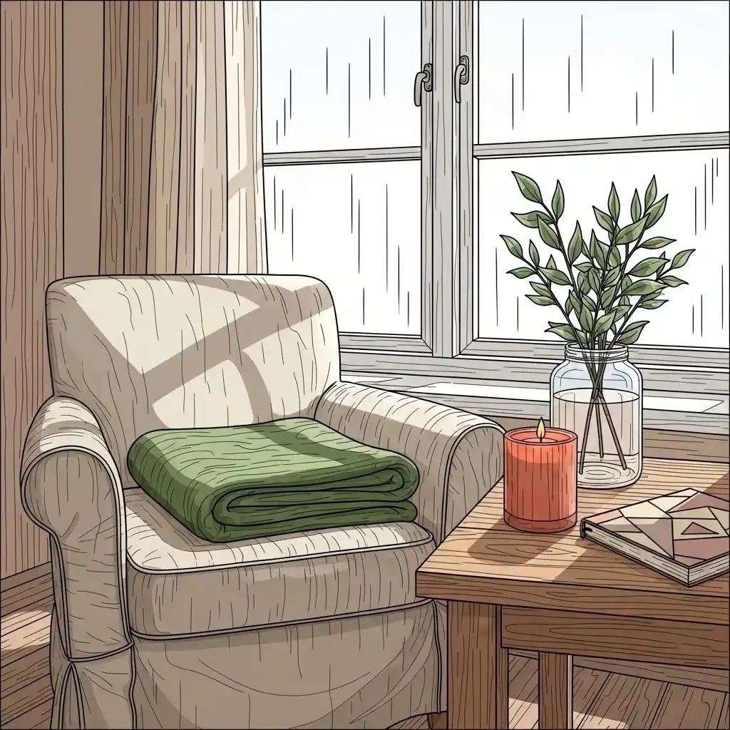 Un coin cosy avec un fauteuil beige, un plaid vert mousse, une bougie rouge brique sur une petite table bois près d’une fenêtre lumineuse  