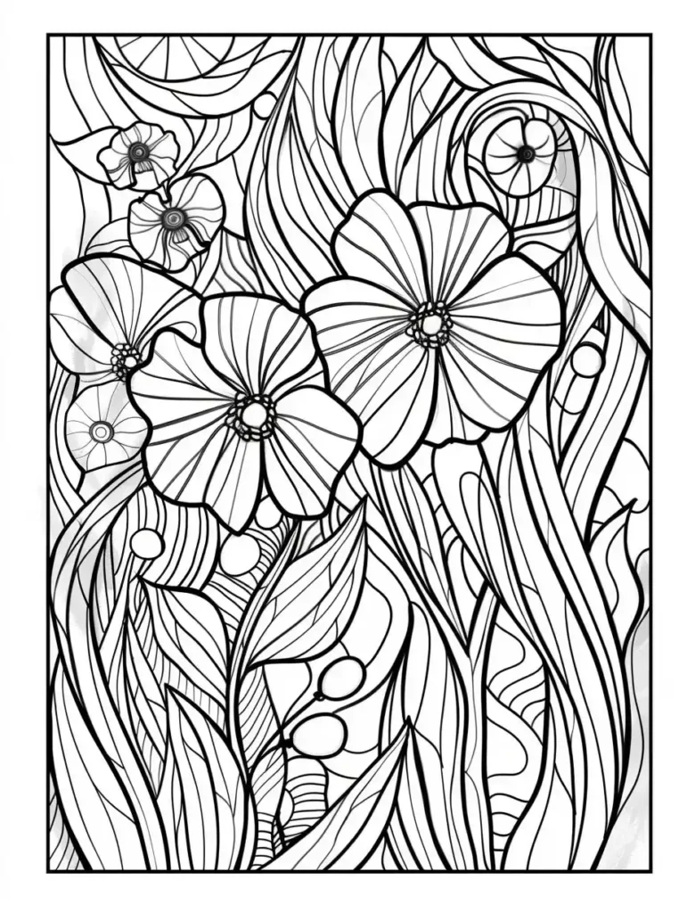 Coloriage anti stress adulte avec fleurs et feuilles stylisées, motifs floraux détaillés et arrière-plan organique.