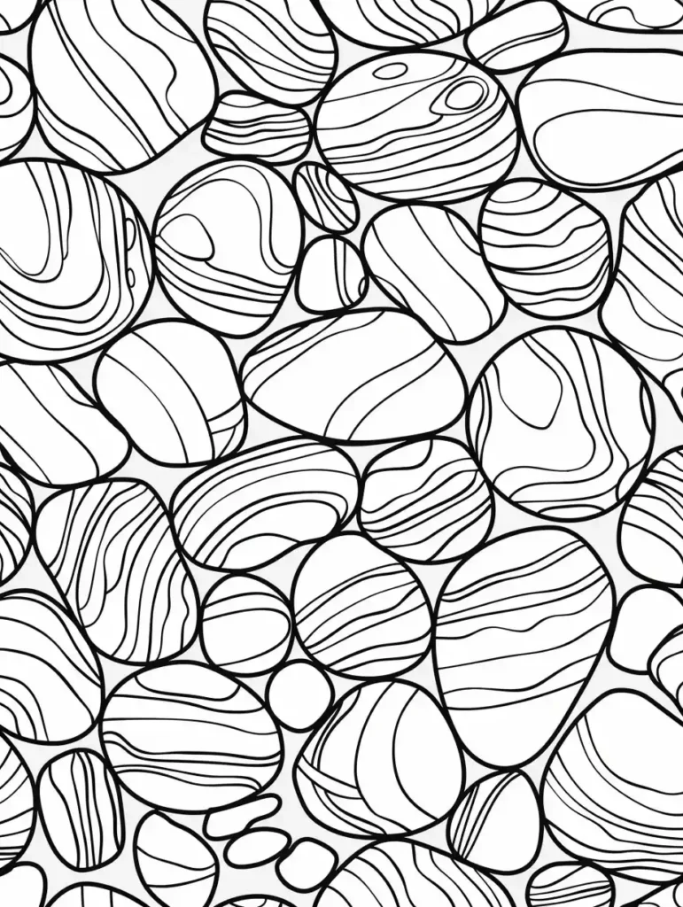 Un dessin en noir et blanc de pierres variées décorées de motifs ondulés pour un coloriage anti stress adapté aux adultes.